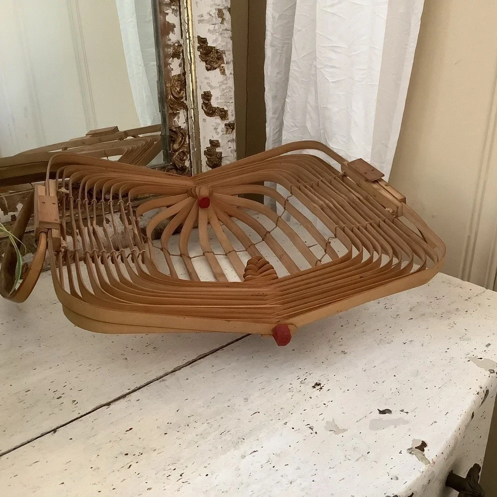 Vintage Japanese Folding Collapsible Wood Market Basket Bamboo Wood Purse